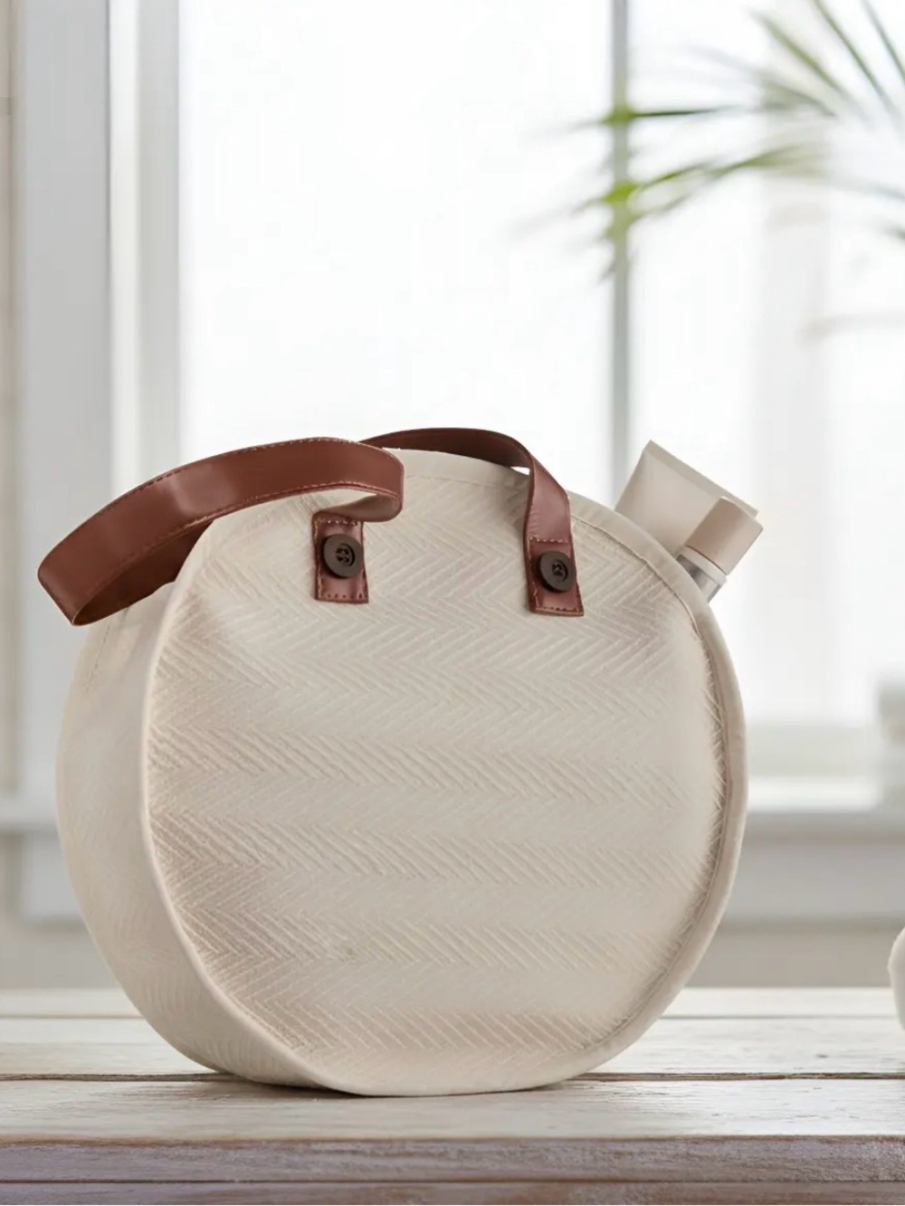 Round Cream Tote with Brown Handles - Casual Women’s Shoulder Bag - Picture 3 of 8